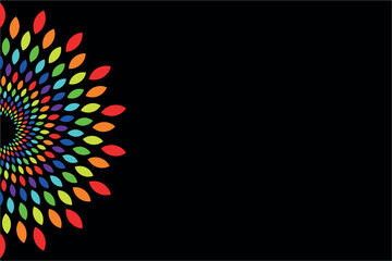 Rainbow colored swirl retro spiral mandala pattern on black background, vector graphic design