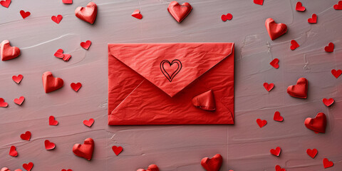 Abstract valentine 's day, Red envelope packed with hearts for graphic design or add text message Love concept Love letter with red hearts envelope is filled with paper craft hearts,