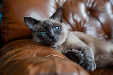 Beautiful siamese cat with striking blue eyes relaxing on luxurious brown leather sofa