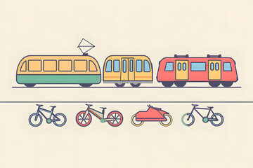 Urban public transport with bicycles, trams, and wagons on the road