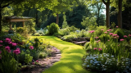 Sunlit Eco-Friendly Garden and Lush Meadows. A serene eco lawn garden bathed in sunlight, with a stone pathway leading through vibrant green meadows and diverse flora.