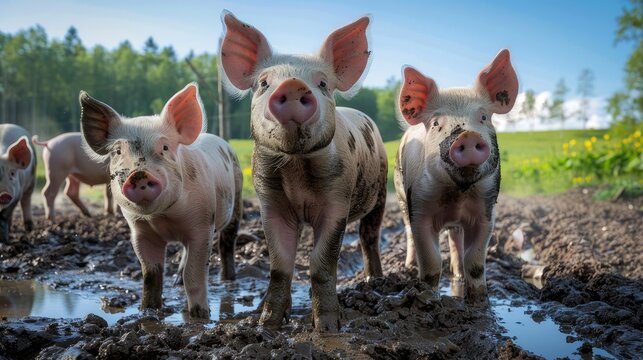 pigs standing in mud, enjoying a sunny summer day on the farm