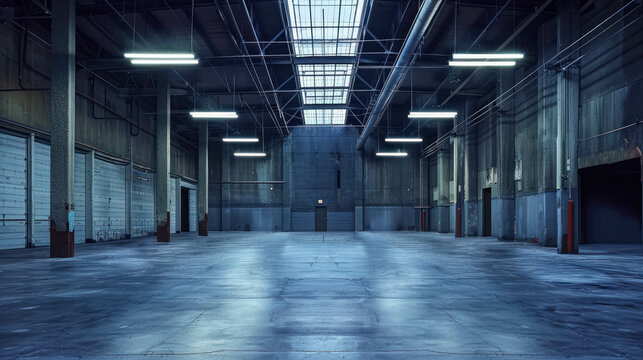 Mysterious Atmosphere in an Empty Warehouse with Grungy Walls and Dark Shadows. Industrial Space Background