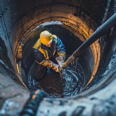 A maintenance worker engages in sewer upkeep within a cylindrical space, reflecting necessity of continuous infrastructure care. The image conveys the dedication required for such specialized tasks.