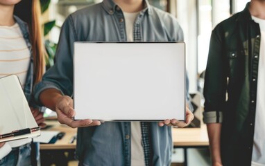 A team member stands with a laptop showing a blank screen, symbolizing readiness for new ideas. The office setting conveys a collaborative work environment.