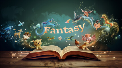 Open book with fantasy animals on it