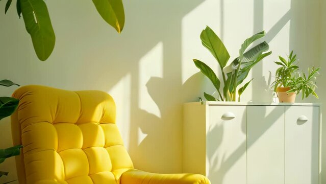 Plant it on a white cupboard next to a brightly colored yellow sofa