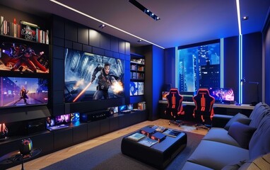 The ultimate gaming lounge is depicted in this image, featuring a large screen for immersive play, gaming chairs, and atmospheric lighting, creating a modern and inviting entertainment space. - obrazy, fototapety, plakaty