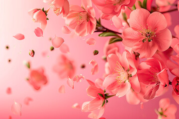 Fresh quince blossom,pink flowers falling in the air isolated on pink background