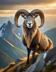 Majestic Guardian: Ram with Long Horns Perched Atop Mountain Peak - obrazy, fototapety, plakaty