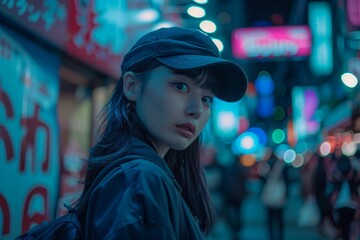 A stylish woman standing confidently on a busy city street at night, immersed in the vibrant urban environment.