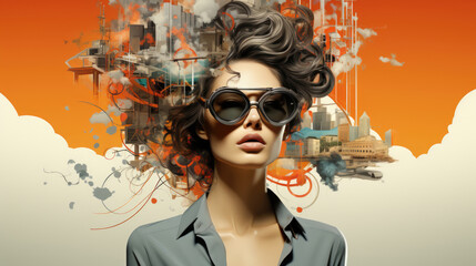 Collage with young woman with abstract geometrical background in retro colors