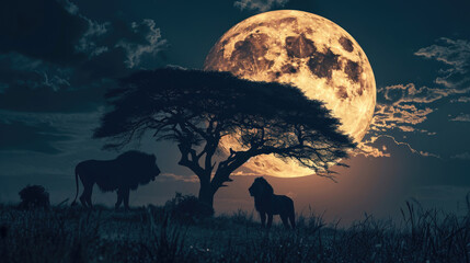African savannah landscape with silhouettes of wild animals, tree and supermoon