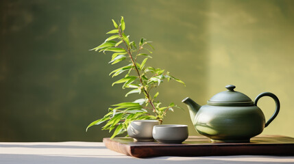 Green teapot and cup with fresh leaves on table, tranquil, zen-like background