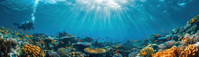 Exploring the Silent World: Scuba Diving in a Coral Reef - Immersed in the Beauty and Serenity of the Underwater Realm - obrazy, fototapety, plakaty