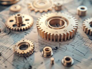 Vintage Engineer Workshop with Retro Gears: Close-Up of Technical Drawings and Mechanical Components