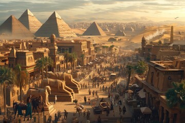 An ancient Egyptian city at the peak of its glory, with pyramids, Sphinx, and bustling markets....