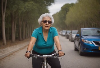 Fototapeta premium An elderly female cyclist riding a bicycle. An active elderly grandmother enjoying a healthy lifestyle and freedom