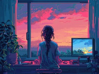 Girl Contemplating Sunset in Pixel Art Style, To convey a sense of peace and tranquility, and to show the beauty of nature and technology coexisting