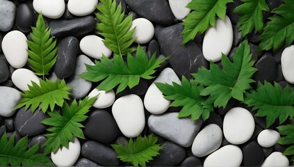 Fototapeta na wymiar Let your mind wander through a landscape of intricate patterns and textures, as black and white stones intertwine with delicate green leaves, creating a visually diverse and captivating background.