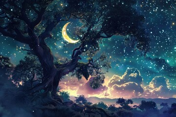 Whimsical Anime Tree and Moon Painting, To provide an artistic and imaginative visual element for designers and artists to incorporate into their