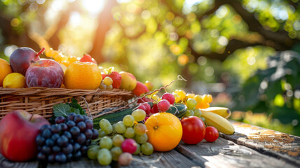 Basket of various fruits on a table outdoors