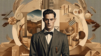 Retro collage with gentleman in suit in Art Deco style, abstract background