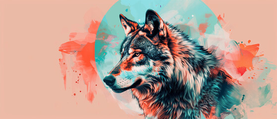 Abstract Wolf in Coral and Teal Hues