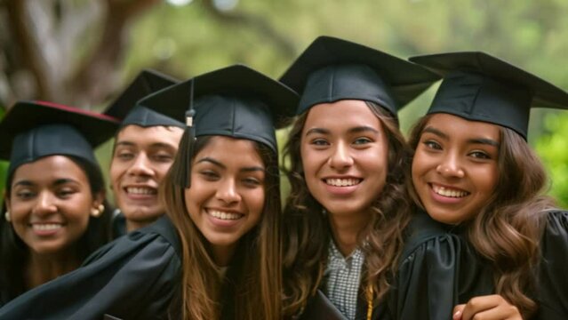 Group of cheerful college or university students and friends from various nationalities and friends. Wear a graduation cap and a black graduation gown. A certificate in hand, smiling at the camera.