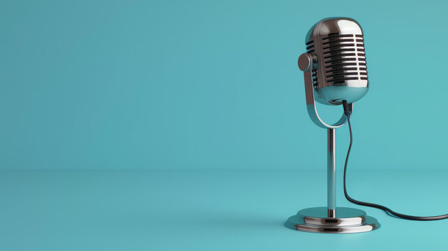 microphone de style vintage chromé posé sur un pied dans un fond coloré uni bleu
