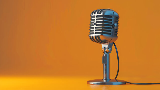 microphone de style vintage chromé posé sur un pied dans un fond coloré uni orange