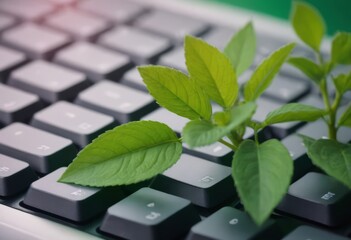 Plant growing from the laptop keyboard. Ecology and environment concept