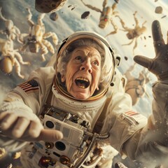 elderly woman in a space suit flying 
