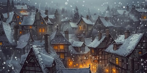 This illustration depicts a magical winter night in a quaint village, with snow-covered rooftops and warmly lit windows inviting a festive spirit. Resplendent.