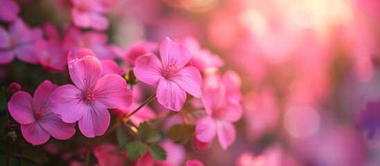 Beautiful pink flowers illuminated by the warm sunlight in a garden setting