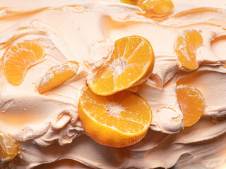 Frozen Tangerine flavour gelato - full frame detail. Close up of a orange color surface texture of Ice cream covered with pieces of mandarine fruit.