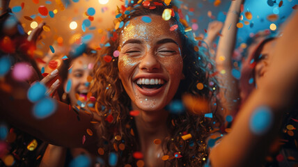 Young woman smiling amidst confetti at a party