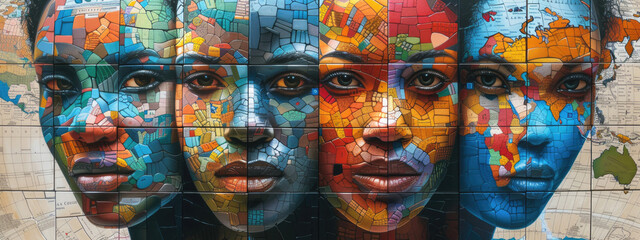 Illustration, painting, poster of a group of women of different races with a world map painted on their faces in the form of a puzzle. Multicultural understanding and diversity. Ai generated