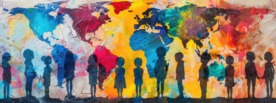 Colorful world map painted on a textured wall by children from various cultures and different countries. Mural, painting representing unity and multicultural understanding. Ai generated