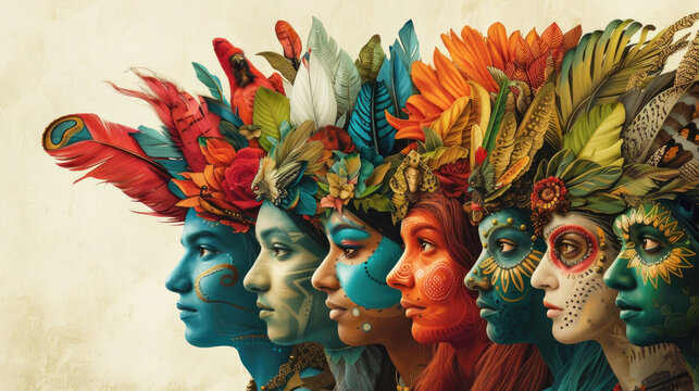 Female faces of women with tribal makeup and feathers on their heads in a line on light background. Expressive composition of different ethnic groups. Ai generated