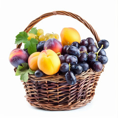 a basket filled with plums, apricots and grapes, another basket filled with cherrys in front, white background, isolated