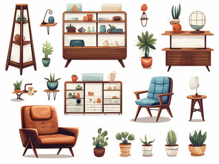 Set bundle of modern colorful home decoration for living room furniture illustration