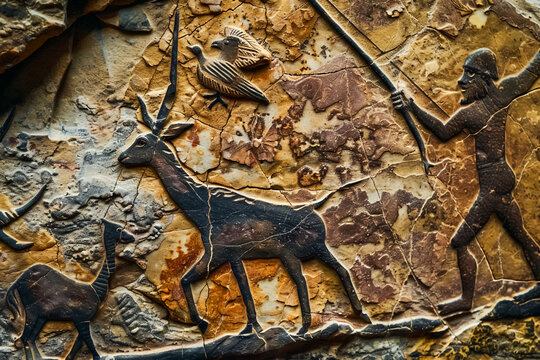 A primitive scene from the Stone Age depicting early humans hunting and gathering Close up