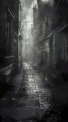 An eerie alleyway shrouded in darkness with shadows looming overhead Close up