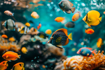 Fototapeta na wymiar An aquarium filled with colorful fish and vibrant coral reefs Close up