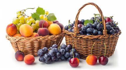 a basket filled with plums, apricots and grapes, another basket filled with cherrys in front, white background, isolated