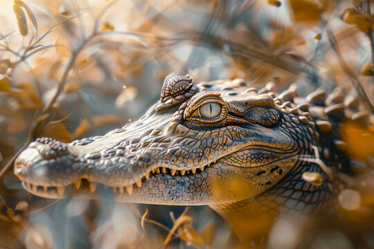 An AI generated image of a crocodile blending seamlessly into its surroundings Close up