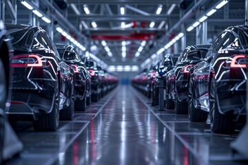Automotive factory with rows of cars and futuristic lighting. - obrazy, fototapety, plakaty