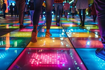 Fototapeta premium People walking on a street with vibrant, colorful illuminated squares on the ground.