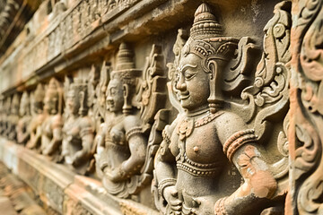 Majestic architecture from the Khmer Empire with intricate carvings and temples Close up